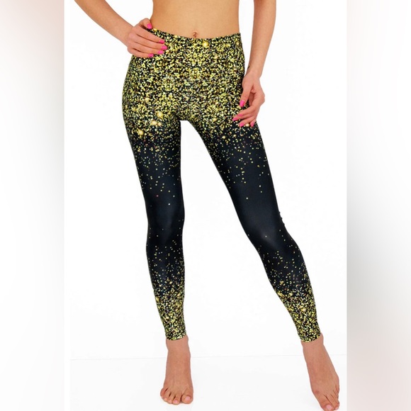 CHICHI LUCY BLACK & GOLD GLITTER PRINT LEGGINGS YOGA PANTS - Picture 2 of 3
